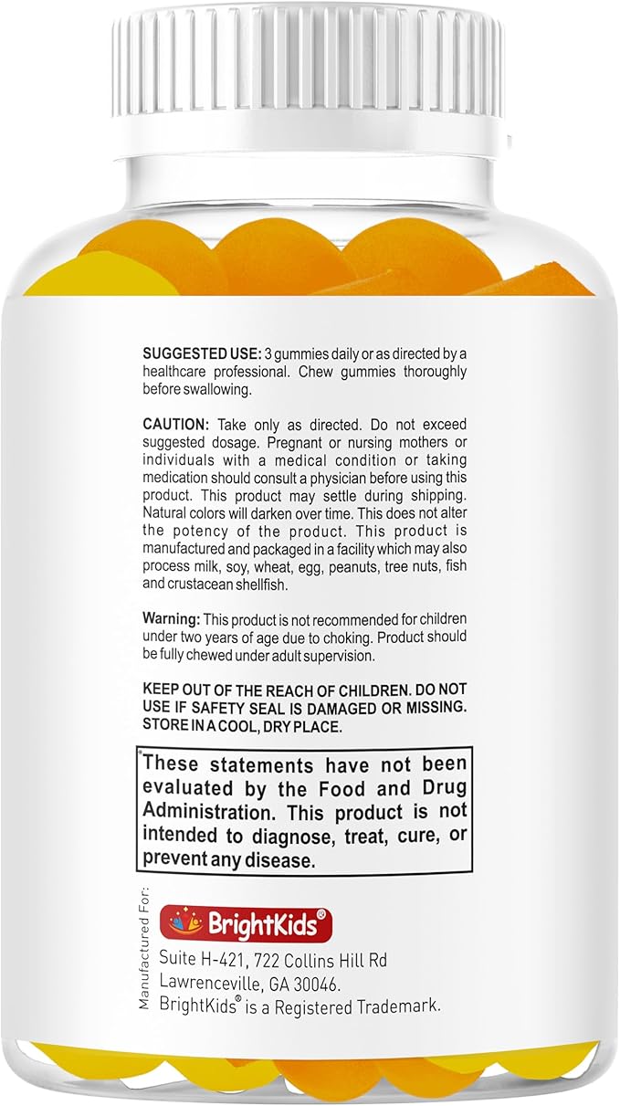 BrightKids Brain Supplements for Memory and Focus, Omega 3 & DHA Focus Gummies for Kids, Memory Booster Focus Supplement for Kids & Teens- Low-Sugar, Natural Fruit Flavor 60 Gummies