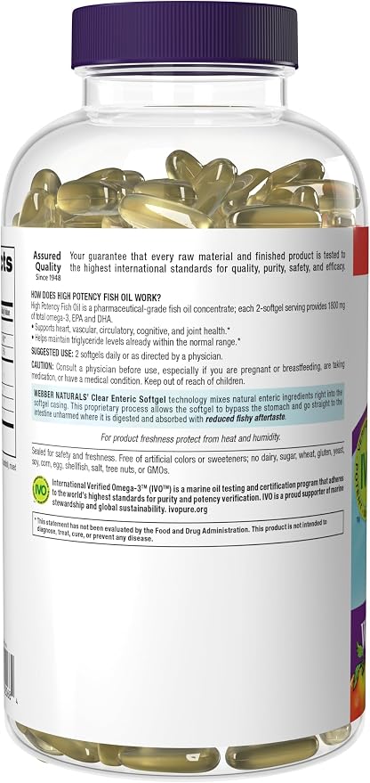 Webber Naturals Fish Oil 2850 mg, High Potency, 1800 mg Omega-3 per Serving, 240 Clear Enteric Softgels, No Fishy Aftertaste, Ultra-Purified, Supports Heart, Cognitive, and Joint Health