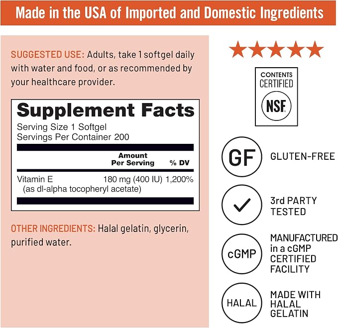 NatureWise Vitamin E 400 IU Softgels (180mg DL-Alpha) - Dairy,Gluten,and Soy Free,Non-GMO Antioxidant Dietary Supplement for Skin,Heart,Eye,and Immune Health Support -,200 Count (Pack of 2)
