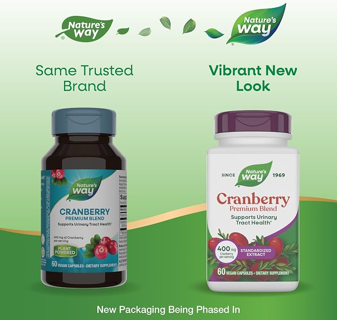Nature's Way Premium Blend Cranberry, Urinary Tract Health Support*, with 100% Cranberry Concentrate, 400 mg Per Serving, 60 Capsules (Packaging May Vary)