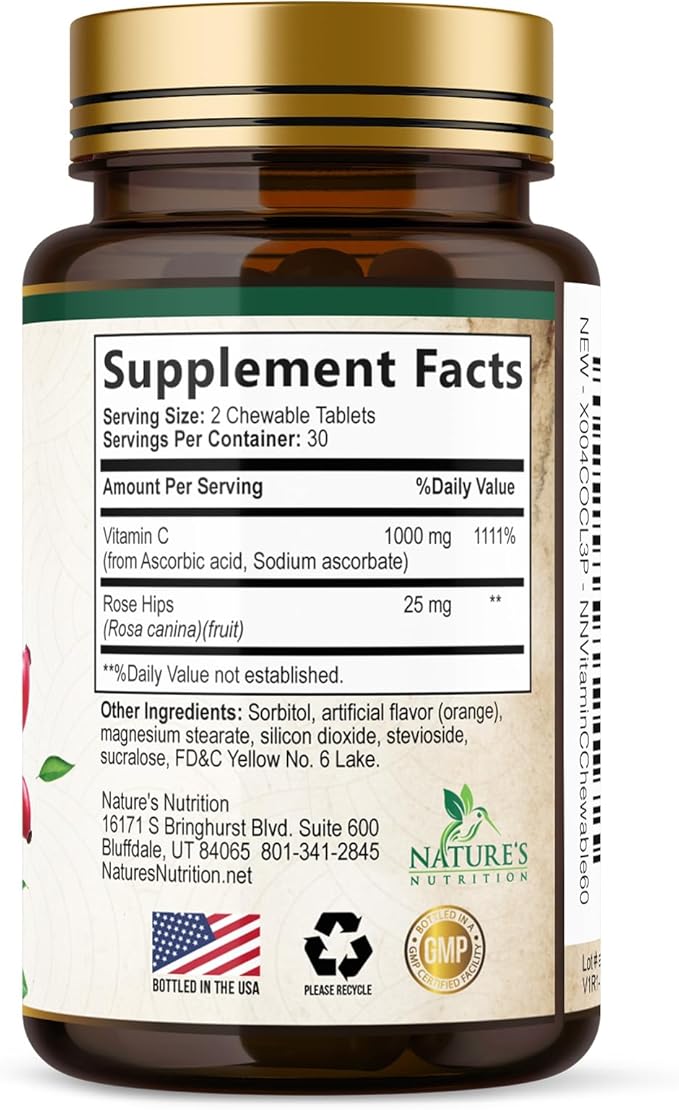 Vitamin C 1000mg Per Serving Chewable - Extra Strength Antioxidants for Powerful Immune Support w/Vitamin C & Rose HIPS, Potent Dietary VIT C Chews Supplement, Natural Orange Flavor, 60 Tablets
