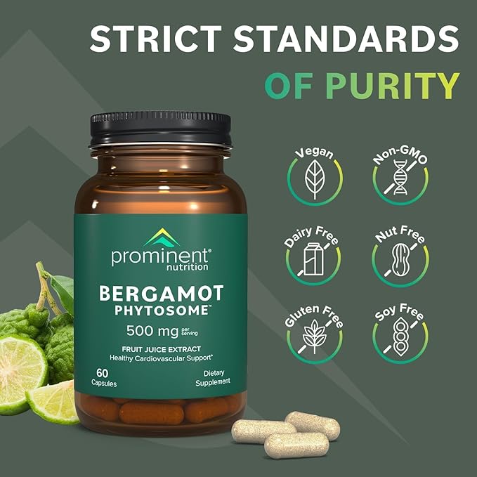 Prominent Nutrition Bergamot Phytosome, Clinically Researched Vazguard Citrus Bergamot Extract for Cholesterol and Heart Health Support, Enhanced-Absorption Supplement, 500 mg, 60 Capsules - 1 Pack