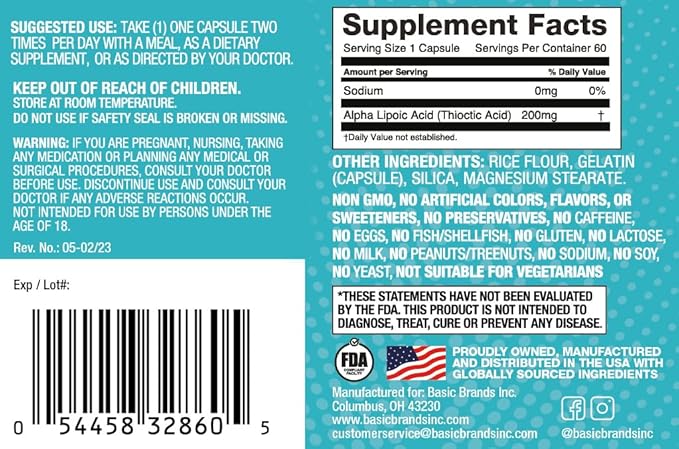 Basic Brands Alpha Lipoic Acid 200mg - Potent Antioxidant ALA Supplement for Healthy Nerve Function & Metabolism - 60 Capsules - 2-Pack