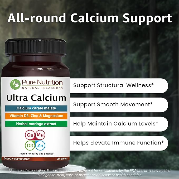 Pure Nutrition Ultra Calcium 1000mg with VIT D3 + K | 180 Tabs (90 X Pack of 2) | Calcium Supplement with Calcium Citrate Malate, VIT D3, K, Moringa Oleifera, Magnesium and Zinc.