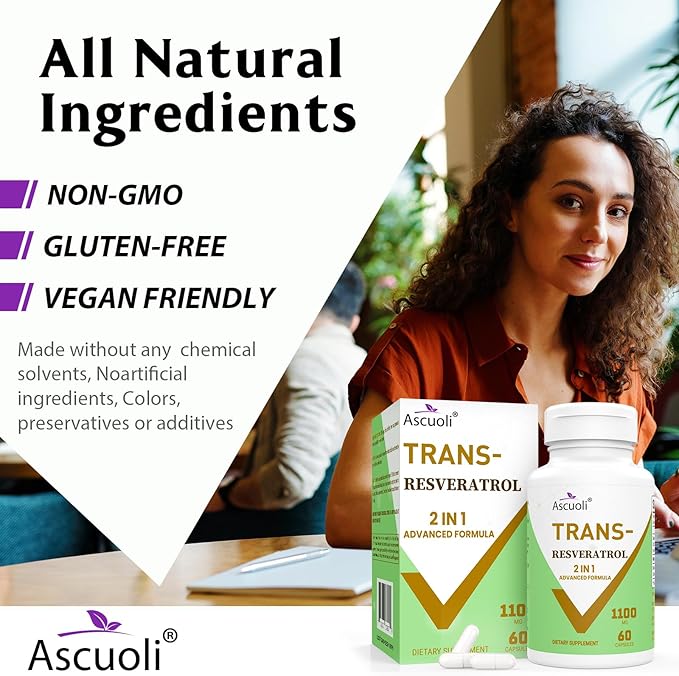 99% Ultra Purity Trans-Resveratrol 1100mg, 3-in-1 Advanced Formula Organic Resveratrol Supplement, Max Antioxidant, Anti-Aging, Skin Health, Cell Repair, Boost NAD+, Immune & Energy, 60 Caps