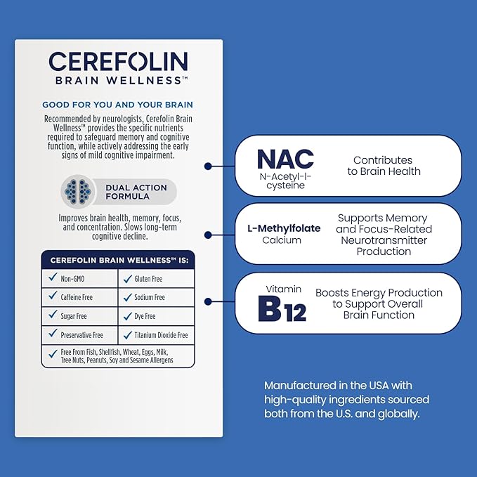 Cerefolin Brain Wellness, Targeted Nutrition for Cognitive Support, Improves Memory, Focus & Concentration, L-Methylfolate, NAC, B12, Neurologist Recommended (60 Count)