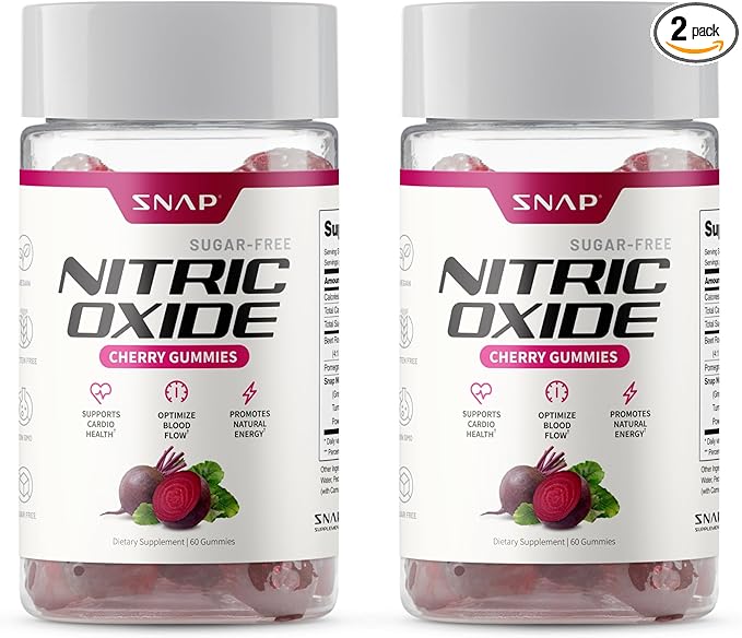 Snap Supplements Nitric Oxide Gummies - Beet Root Extract 300mg, Sugar Free Beetroot Supplement with Pomegranate Powder for Circulation & Natural Energy, 60 Vegan Gummies (2-Pack), Cherry Flavor