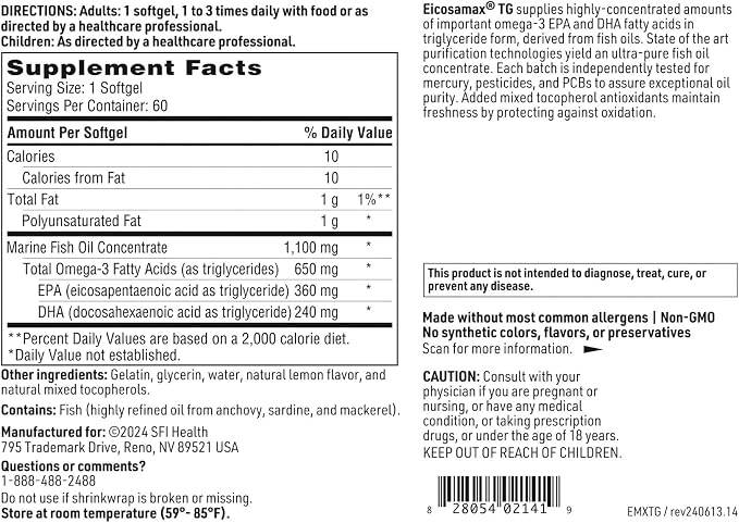 Klaire Labs SFI Health Eicosamax TG Fish Oil - Ultra Pure Omega-3 Fish Oil Pills with EPA/DHA - Sustainably Sourced - Natural Lemon Flavor for No Fishy Burps or Aftertaste (60 Softgels)