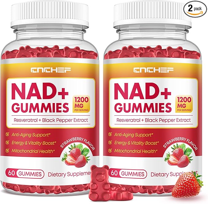 NAD+ Gummies, 1200mg Liposomal NAD Supplement for Women & Men with Trans-Resveratrol & Black Pepper Extract Anti-Aging Supplement, Brain & Cellular Mitochondrial Health - 120 Gummies Strawberry