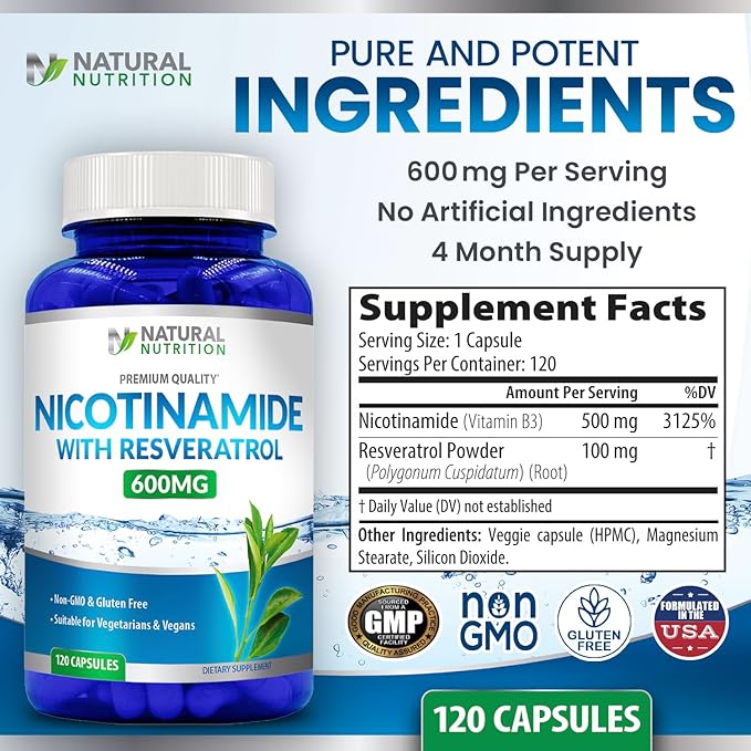 Generic Natural Vitamin Nicotinamide with Resveratrol 600mg (Vitamin B-3) 120 Veggie Capsules Gluten Free & Non-GMO