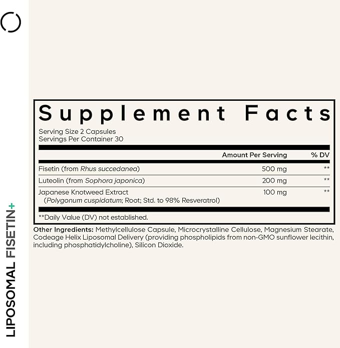 Codeage Liposomal Fisetin Supplement - Fisetin 500 mg - Resveratrol from Japanese Knotweed Extract Polyphenol, Luteolin Sophora Japonica Flavonoid, Liposomal Delivery - Vegan, Non-GMO - 60 Capsules
