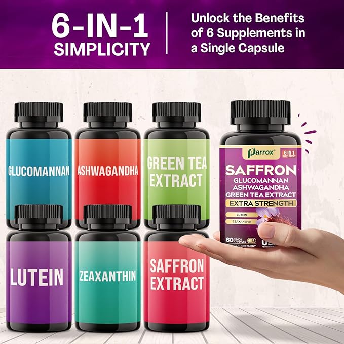 Saffron Supplement with Glucomannan, Ashwagandha, Green Tea Extract, Zeaxanthin & Lutein, Vision Support & Daily Wellness Formula, Extra Strength Plant-Based Capsules, 6 Month Supply (3 Pack)