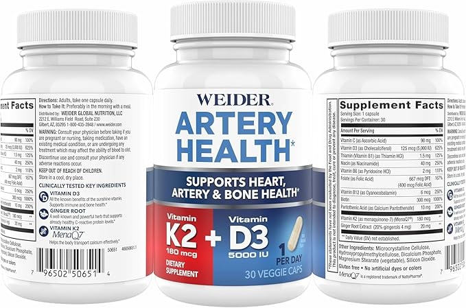 Weider Artery Health - Artery Flexibility & Heart Health - with Vitamin K2, D3 & Ginger - Bone & Immune Support* - Gluten Free & Vegan - 30 Veggie Capsules (Pack of 2)