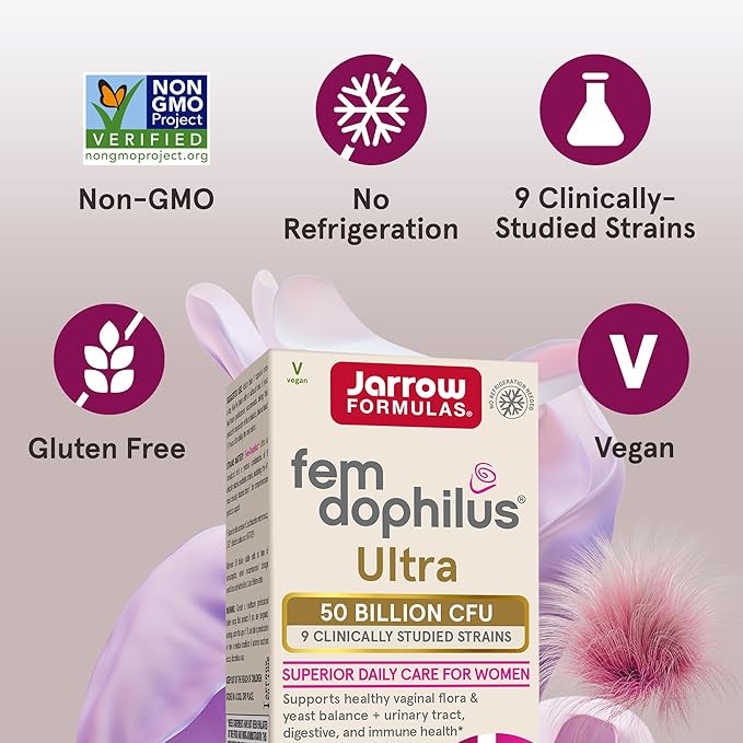 Jarrow Formulas Fem-Dophilus Vaginal & Digestive Probiotic 50 Billion CFU, 9 Clinically-Studied Strains, for Vaginal Flora & Yeast Balance, Urinary Tract, Digestive, & Immune Support, 30 Capsules