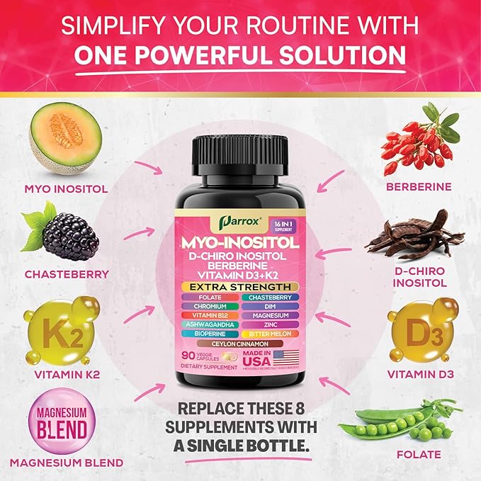 Myo-Inositol Supplement with D-Chiro Inositol, DIM, Berberine, Vitamin D3 + K2, Methylated B12, Chromium, Ceylon Cinnamon, Zinc, Ashwagandha, Chasteberry, Magnesium, Bioperine, Bitter Melon (3 Pack)