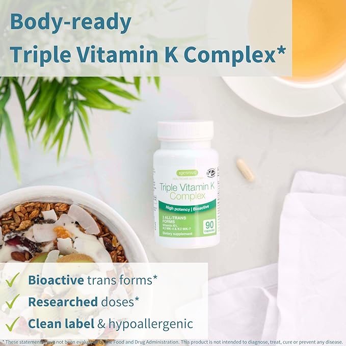 Igennus High Strength Triple Vitamin K Complex 2700 mcg, K1 & K2 (MK-4 & MK-7), 1-a-Day, Clean Label, Advanced Bioactive Forms, Bone & Cardiovascular Support, Vegan, 90 Fast Action Capsules