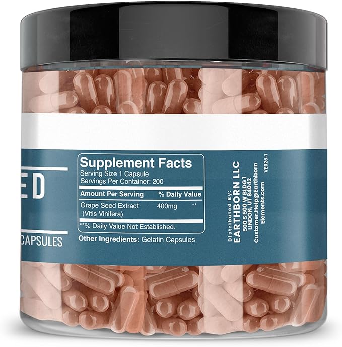 Earthborn Elements Pure Grape Seed Extract 200 Capsules, Pure & Undiluted, No Additives