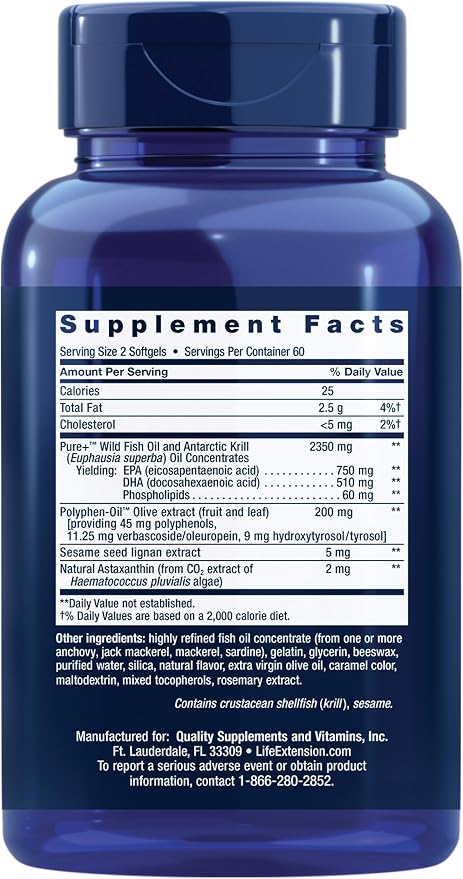 Life Extension Super Omega-3 Plus EPA/DHA Fish Oil, Sesame Lignans, Olive Extract, Krill & Astaxanthin - Heart, Brain & Joint Health Support - Gluten-Free, Non-GMO - 120 Softgels,(Pack of 2)