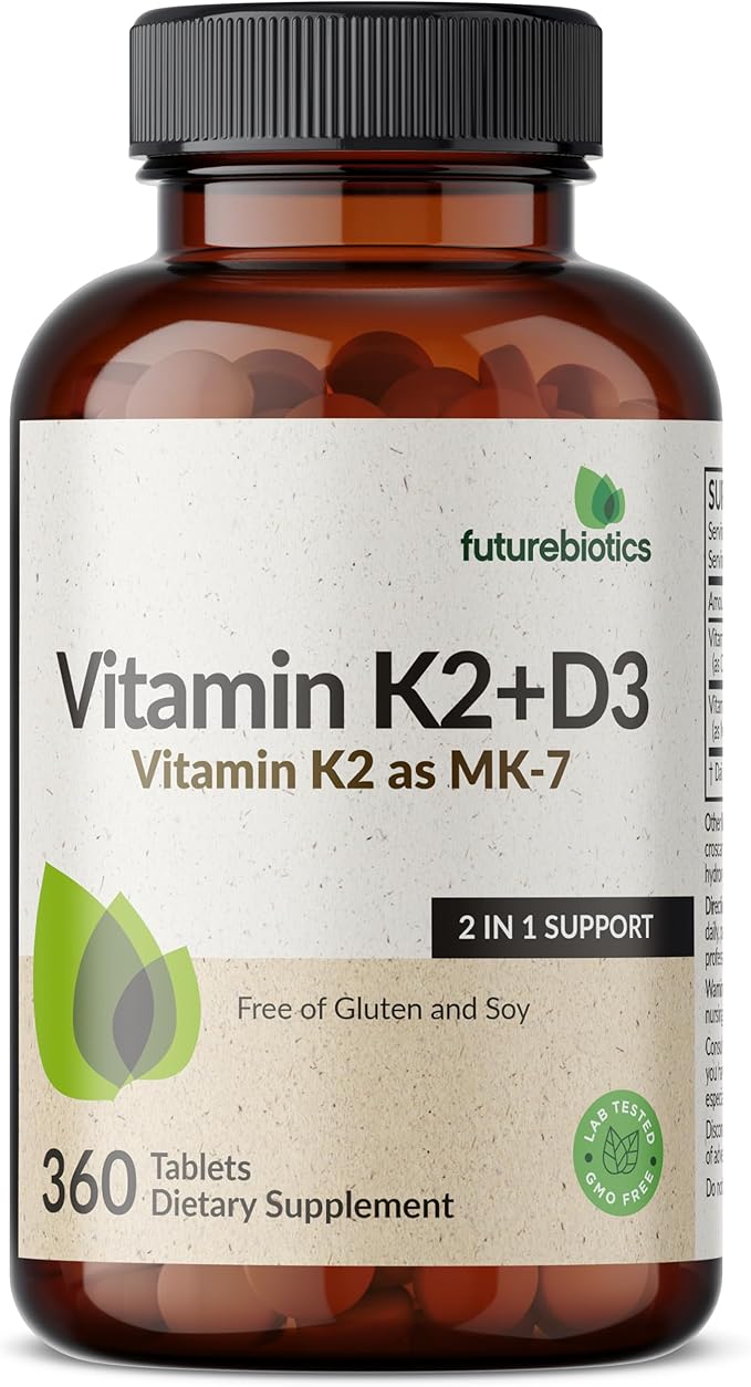 Futurebiotics Vitamin K2 with D3, 2 in 1 Support, 5000 IU Vitamin D3 & 90 mcg Vitamin K2 MK-7 Non-GMO, 360 Tablets