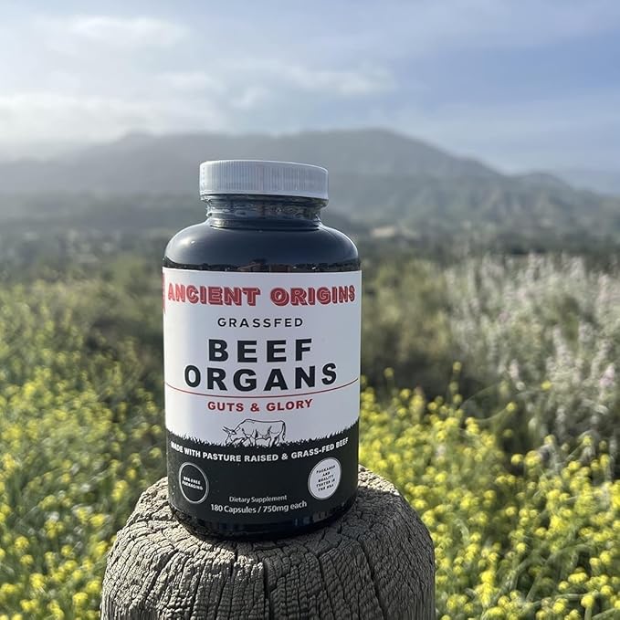 Grass Fed Beef Organs Supplement 4500mg - Desiccated Liver, Bone Marrow, Heart, Spleen, Pancreas & Kidney, Non-GMO, Gluten Free, Undefatted by Ancient Origins (180 Capsules, 750mg Each)