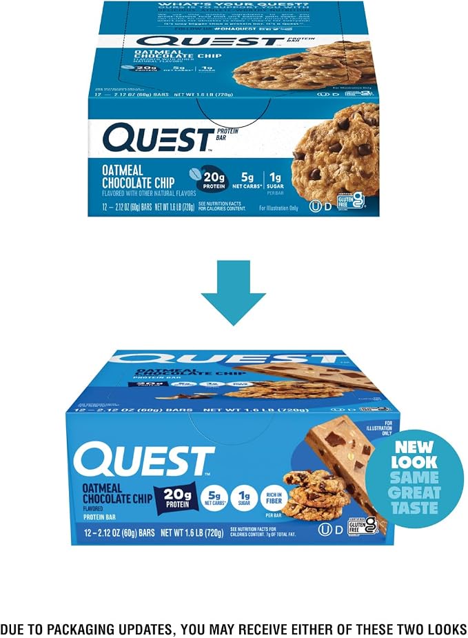 Quest Nutrition Oatmeal Chocolate Chip Protein Bars, 20g Protein, 1g Sugar, 5g Net Carb, Gluten Free, Keto Friendly, 12 Count