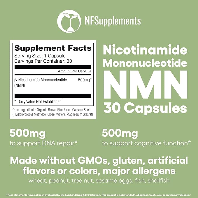 NMN 500mg Capsules 99.3% Purity | Nicotinamide Mononucleotide 30 Servings | Supports DNA Repair & Cognitive Function | Vegetarian Friendly Gluten Free Non-GMO 3rd Party Tested (30 Capsules, NMN)
