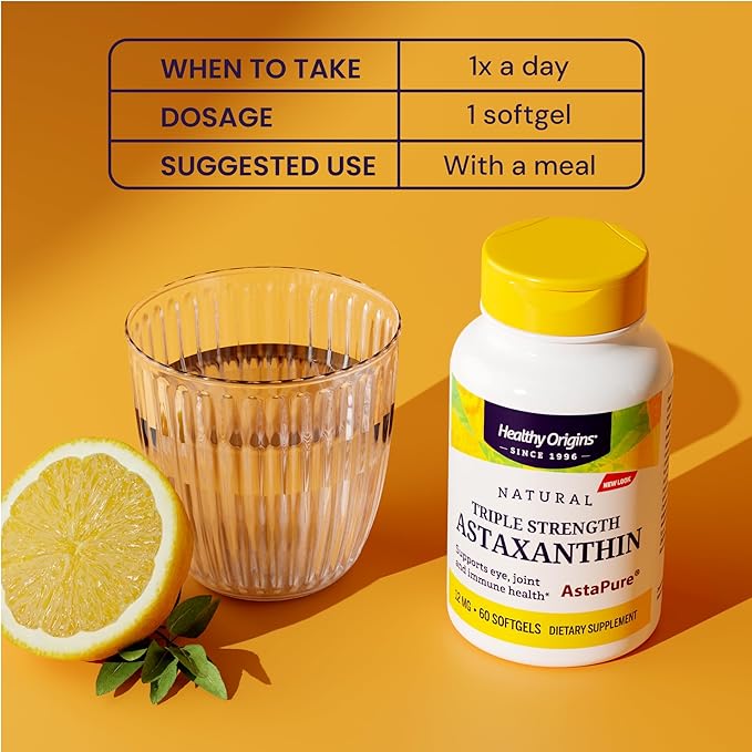 Healthy Origins Astaxanthin 12 mg, 60 Softgels - AstaPure Clinically Studied Algae - Supports Joint & Immune Health, Healthy Skin, Antioxidant for Cellular Protection & Eye Support - 2 Month Supply