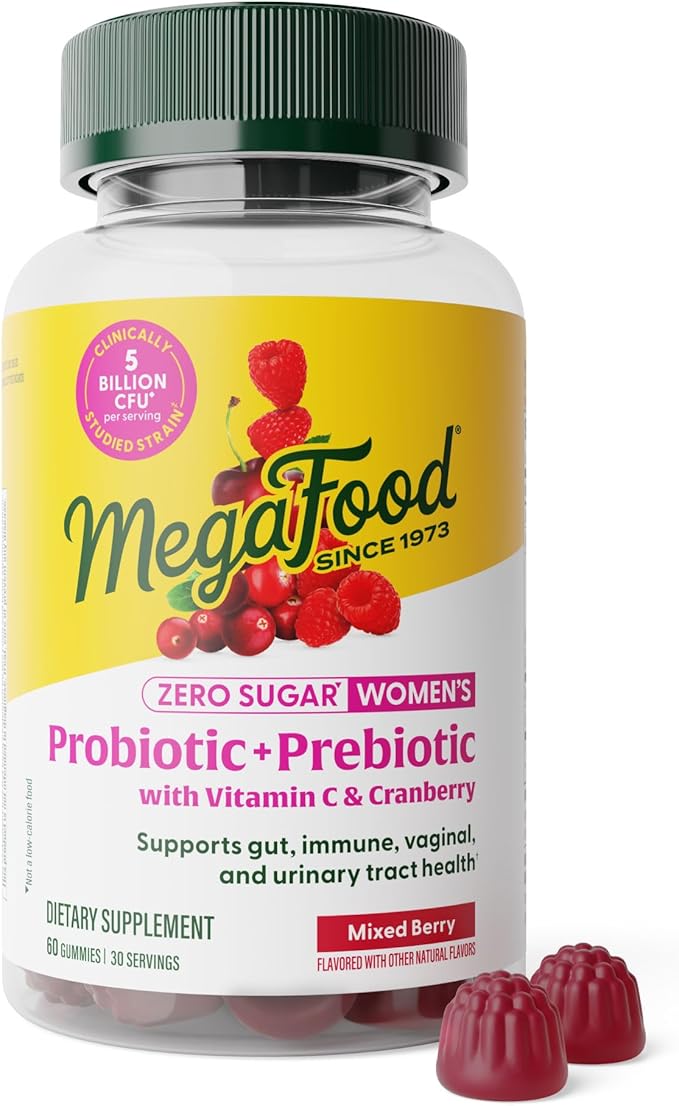 MegaFood Women’s Probiotic + Prebiotic Gummies - Zero Sugar Prebiotics and Probiotics for Women - Vitamin C & Cranberry - Supports Immune, Vaginal & Gut Health - 60 Vegan Berry Gummies, 30 Servings