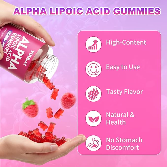 Alpha Lipoic Acid Gummies 1000MG with Biotin, High Absorption Chewable ALA Supplement for Antioxidant, Brain Health and Nerve Support, Raspberry Flavor, 60 Count