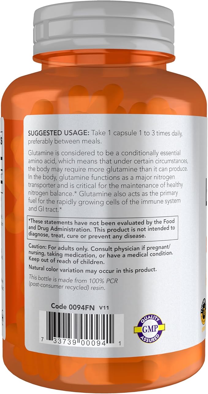 NOW Foods Sports Nutrition, L-Glutamine, Double Strength 1,000 mg, Amino Acid, 120 Veg Capsules