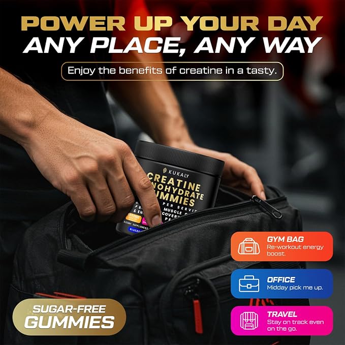 KUKALY Creatine Monohydrate Gummies for Men & Women, 9000MG Creatine Gummies Sugar Free Mixed Flavored with L-Taurine, BCAA 2:1, B12 B6 for Boost Strength, Focus & Endurance, Vegan, Non-GMO, 2 Bottle