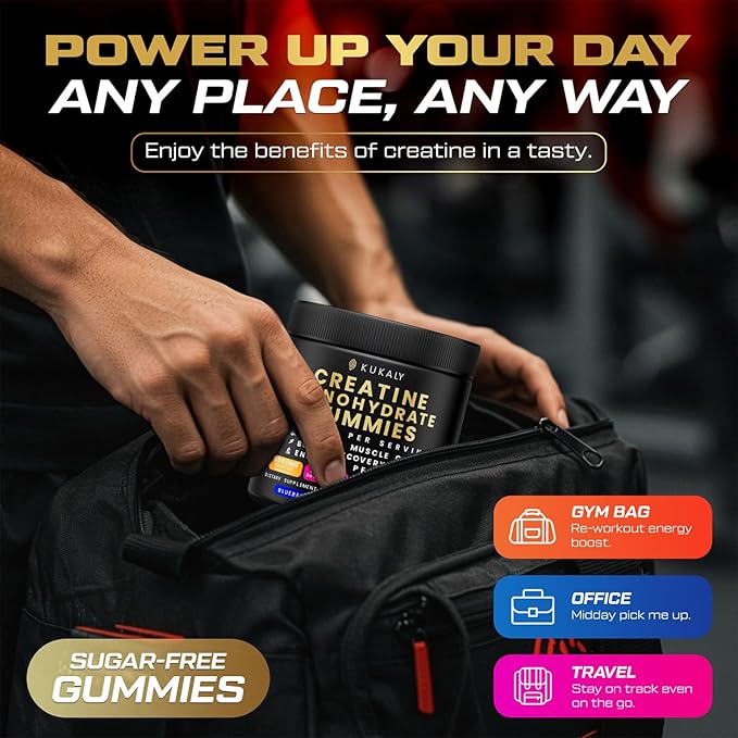 KUKALY Creatine Monohydrate Gummies for Men & Women, 9000MG Creatine Gummies Sugar Free - Mixed Flavored with L-Taurine, BCAA 2:1, B12 B6 for Boost Strength, Focus & Endurance, Vegan, Non-GMO, 120pcs