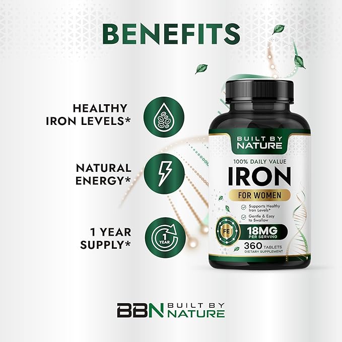 Built By Nature Iron Supplement – 100% Daily Value Iron Pills for Women – 18 mg Iron Tablets for Energy & Anemia Support – 360 Tablets
