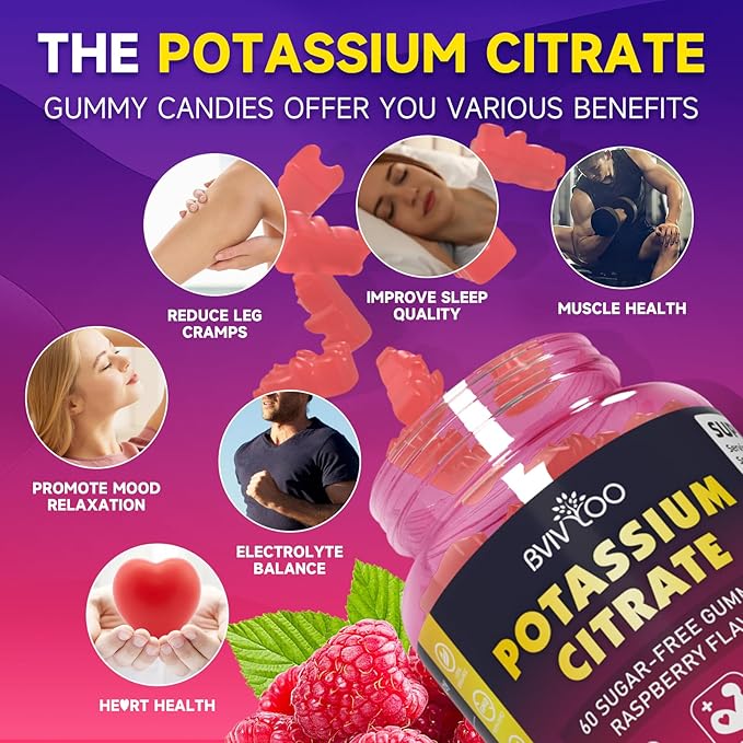 Potassium Citrate Gummies for Adults, Sugar-Free Potassium 1000mg Support Leg Cramps & Electrolyte Balance High Potency 60 Count