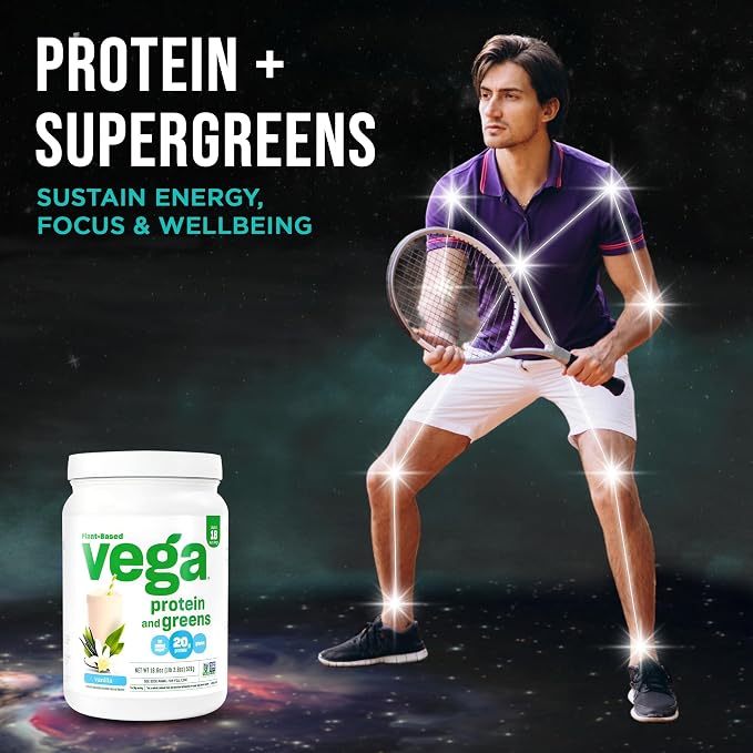 Vega Premium Protein + Supergreens, Vanilla – 20g Vegan Protein, Dairy & Gluten Free, 19.2 oz (18 Servings)