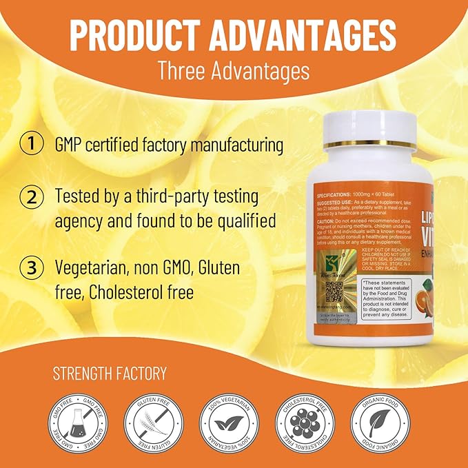 Liposomal Vitamin C Chewable Tablets, 1000mg Per Serving, High Absorption Fat-Soluble Dietary Supplement, Supports Immune Health & Antioxidant, 60 Count