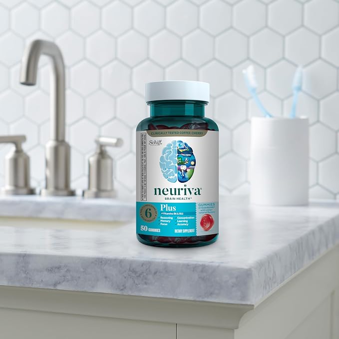 NEURIVA Plus Decaffeinated Nootropic Brain Supplement for Memory, Focus & Concentration & Cognitive Function, Clinically Tested NeuroFactor, Phosphatidylserine, Vitamins B6 B12,50ct Strawberry Gummies