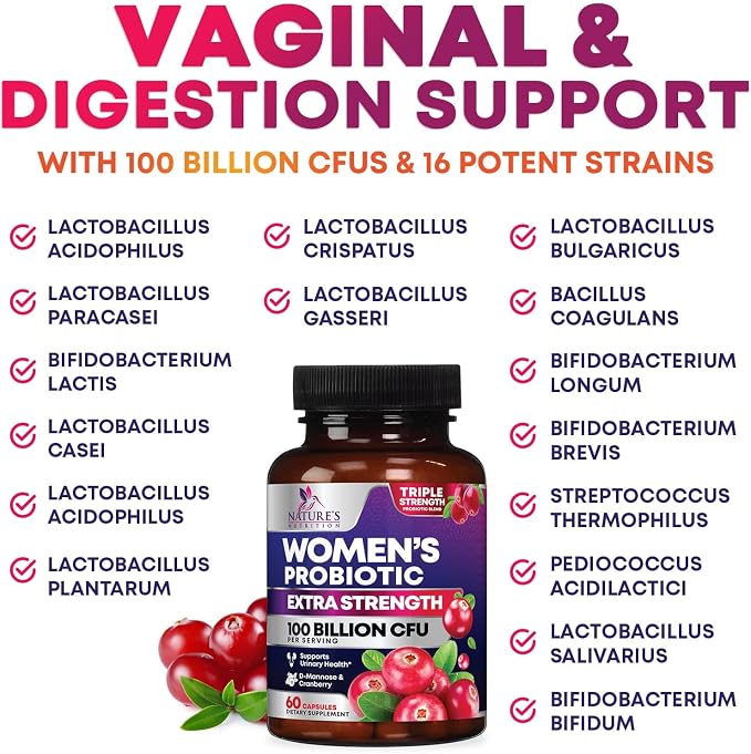Probiotics for Women - Probiotic Blend 100 Billion CFU Per Serving - Women's Probiotic for Targeted Vaginal & Digestive Health Support - 16 Strains, Cranberry, Prebiotics - Bottled USA - 60 Capsules
