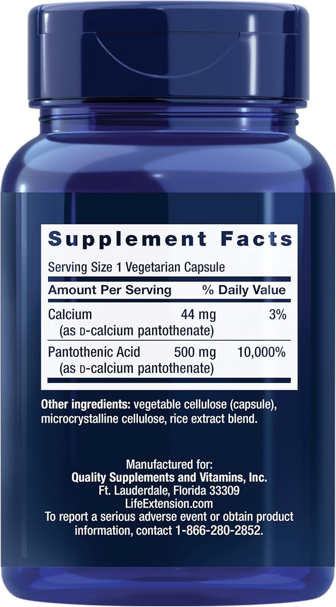 Life Extension Pantothenic Acid, 500 mg, Vitamin B5, Calcium, Support Healthy Metabolism, Mitochondrial Energy Production, Gluten-Free, Non-GMO, Vegetarian, 100 Capsules