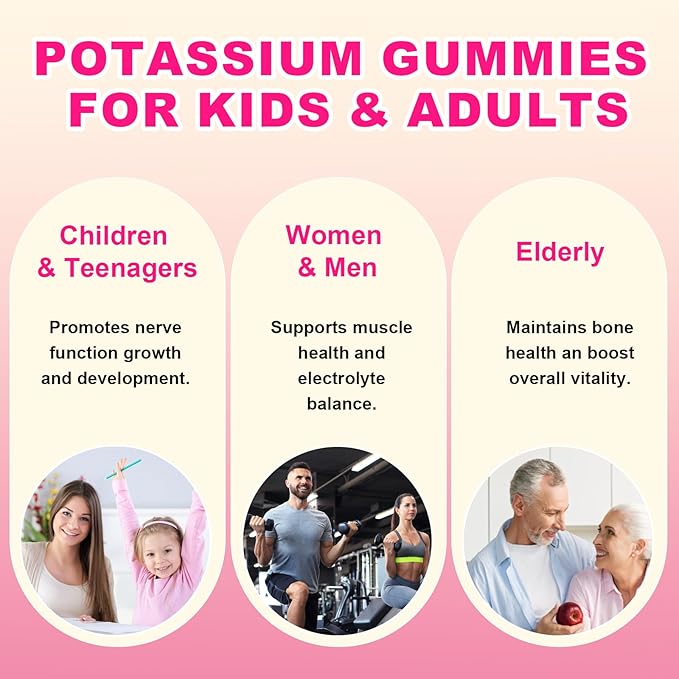 Pack of 2 Potassium Gummies, Potassium Chloride Gummies 1200mg for Adults, Sugar-Free Potassium Supplement Support Leg Cramps & Electrolyte Balance, Raspberry Flavor, 120 Count