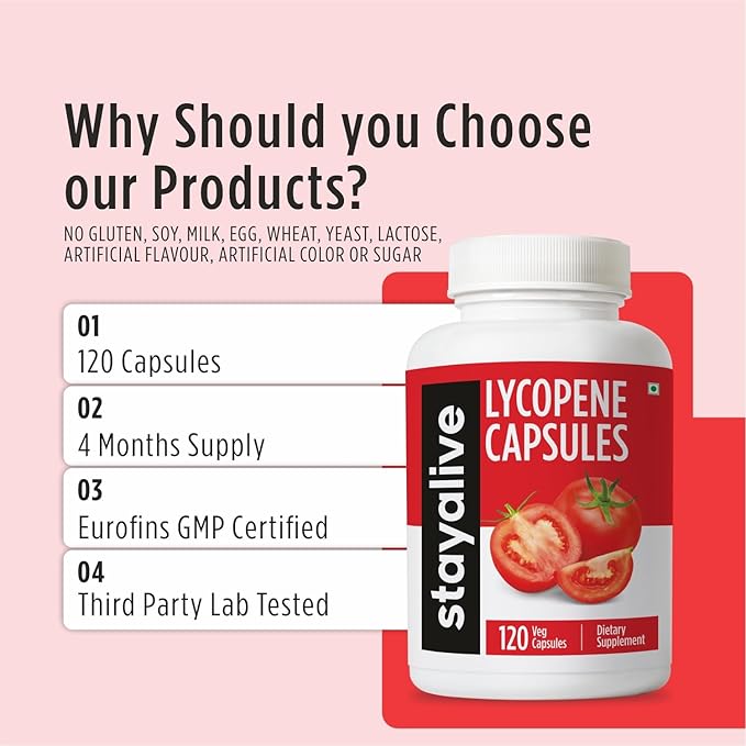 STAY ALIVE Lycopene Supplement for Men 60mg, Natural Tomato Extract Powder, 120 Capsules with 4 Months Supply, 100% Veg Lycopene Complex, Non-GMO and Gluten Free Carotenoid Supplement