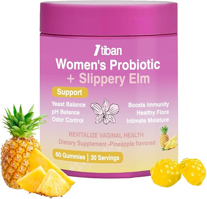 Feminine Vaginal Probiotics Gummies, Supports pH Balance & Digestive Health, Slippery Elm for Women, Suagr-Free, Veagn, Pineapple Flavor, 60 Count