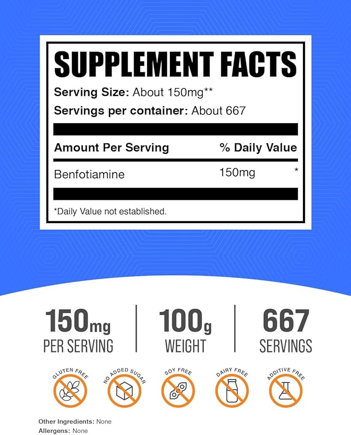 BulkSupplements.com Benfotiamine Powder - Vitamin B1 Benfotiamine Supplement, Fat Soluble B1 Vitamin - Gluten Free, 150mg per Serving, 100g (3.5 oz) (Pack of 1)
