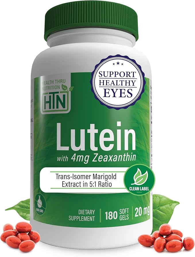 Lutein 20mg with Zeaxanthin 4mg 180 Softgels | Trans-Isomer Marigold Extract in Nature Identical 5:1 Ratio | Supports Healthy Eye, Skin and Brain | Non-GMO Soy & Gluten Free | by Health Thru Nutrition