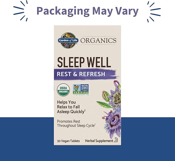 Garden of Life Organics Sleep Well Rest & Refresh Tablets with Lemon Balm, Green Tea Extract, Chamomile & Probiotics – Support for Restful Sleep & Relaxation, Non-GMO, Gluten-Free, Vegan, 30 Tablets