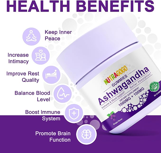 Ashwagandha Gummies & Vitamin D3 Gummies Organic Aswangdha Supplement for Improve Sleep, Stress Relief & Mood Calm (Grape Berry,Non-GMO, Gluten-Free & Sugar Free)-2 Pack