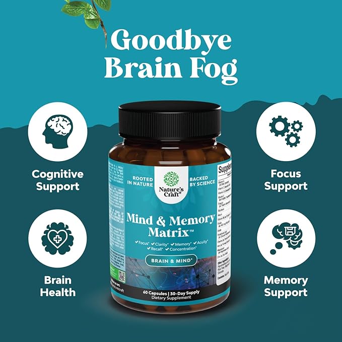 Natural Mind and Memory Supplement for Increased Mental Performance and Clarity Supports Brain Function Made with Pure Green Tea Extract DMAE Bitartrate and Vitamins - 60 Count - 2 Pack
