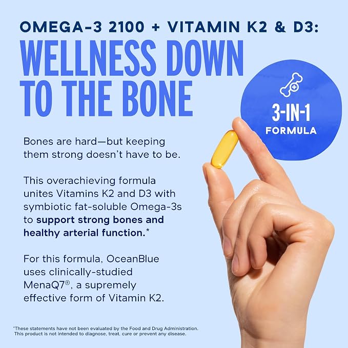 Oceanblue Professional Omega-3 2100 with Vitamin K2 & Vitamin D3 - Triple Strength Burpless Fish Oil Omega-3 Supplement with EPA & DHA - Wild Caught - Orange Flavor - 180 Count