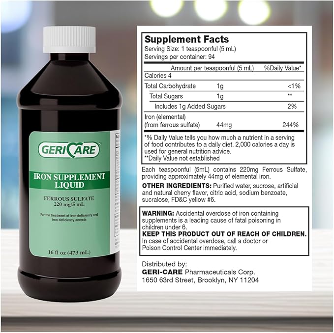 GeriCare High Potency Liquid Iron Supplement | Liquid Iron for Adults | for Anemia and Iron Deficiency | 220mg of Iron Per 5mL Dose. (Pack of 2)