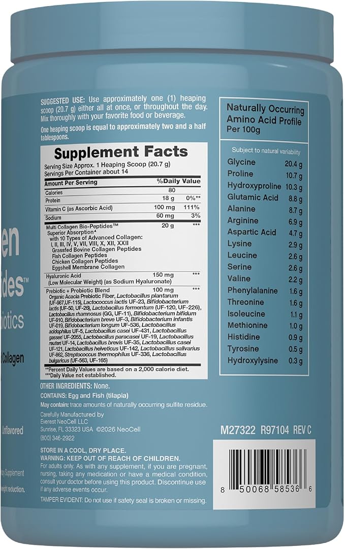 NeoCell Multi Collagen Bio-Peptides Powder | 10oz | Advanced with Hyaluronic Acid and Vitamin C | 10 Super Types of Collagen | Superior Absorption | Grassfed Protein Supplement